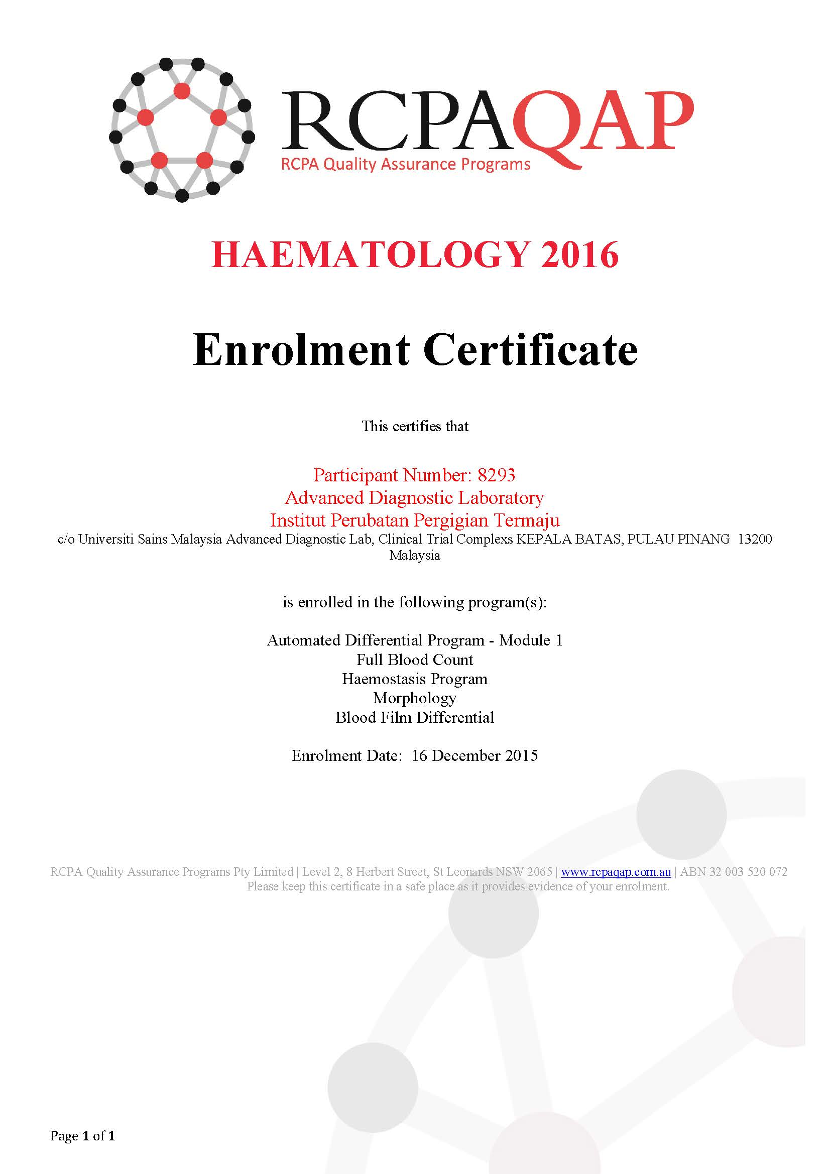 EnrolmerntCertificateRCPA2016 Haema