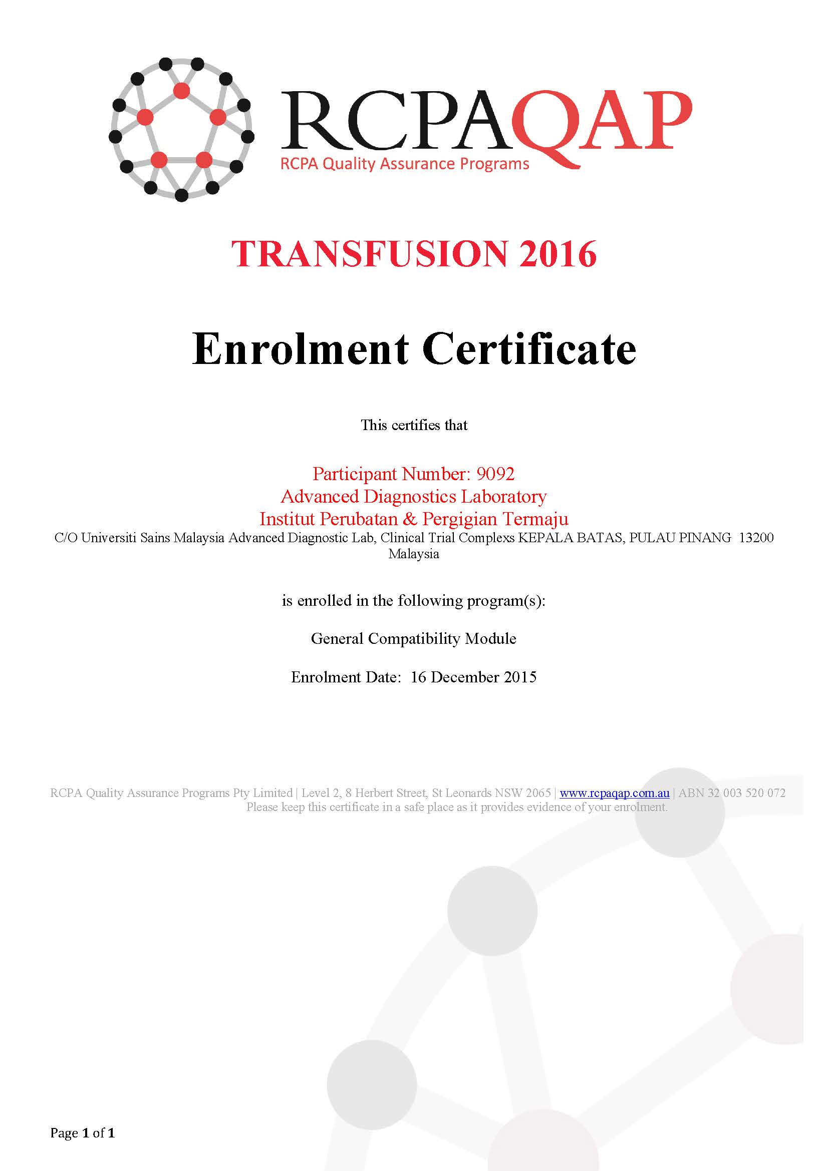 Enrolmernt Certificate RCPA2016Bloodbankl